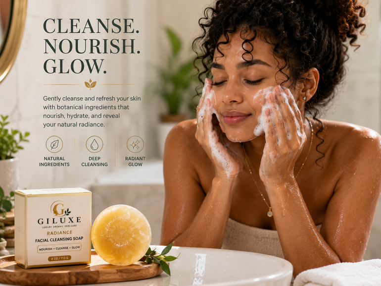 Giluxe Radiance Facial Cleansing Soap with woman cleansing her face