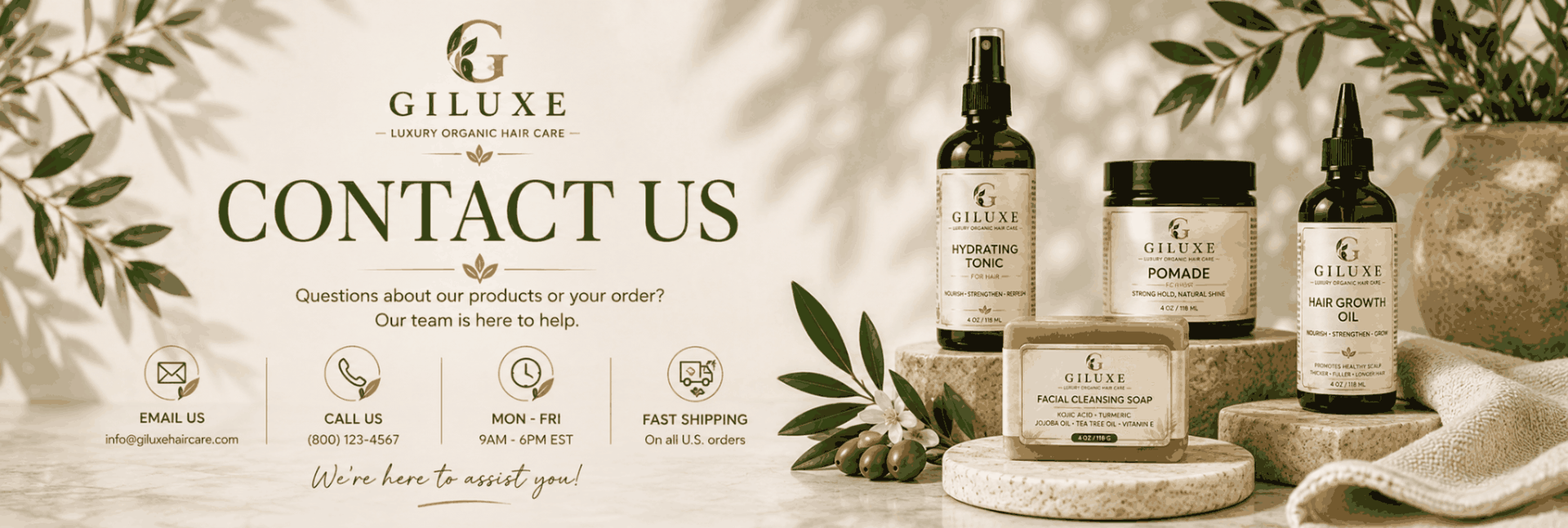 Giluxe Contact Us banner featuring Hair Growth Oil, Hydrating Tonic, Pomade and Facial Cleansing Soap