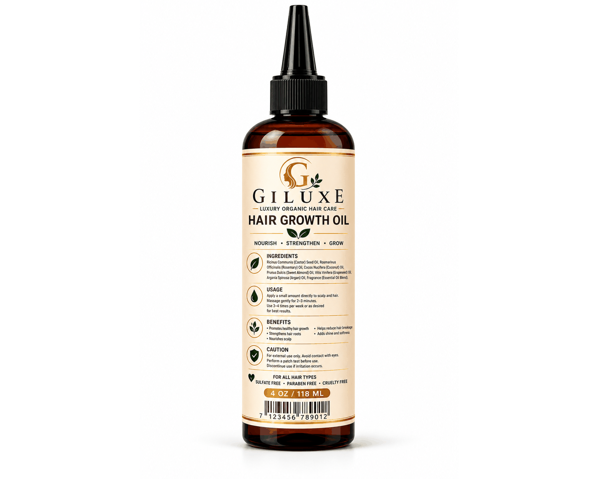 Giluxe Hair Growth Oil 4 oz bottle with botanical hair care formula